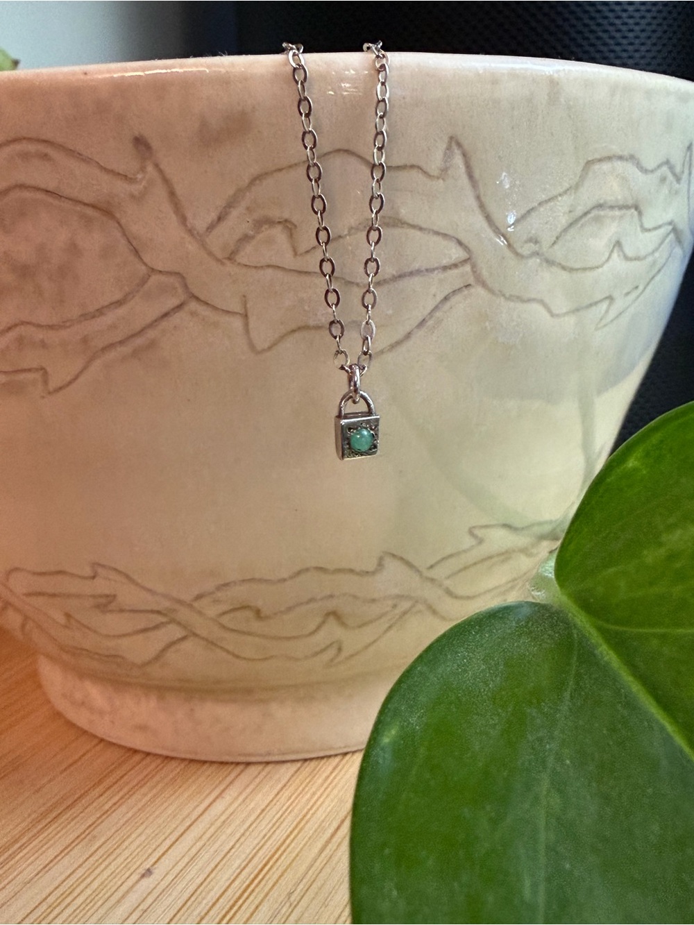 Merewif Sterling Silver Padlock Pendant Necklace with Green Stone